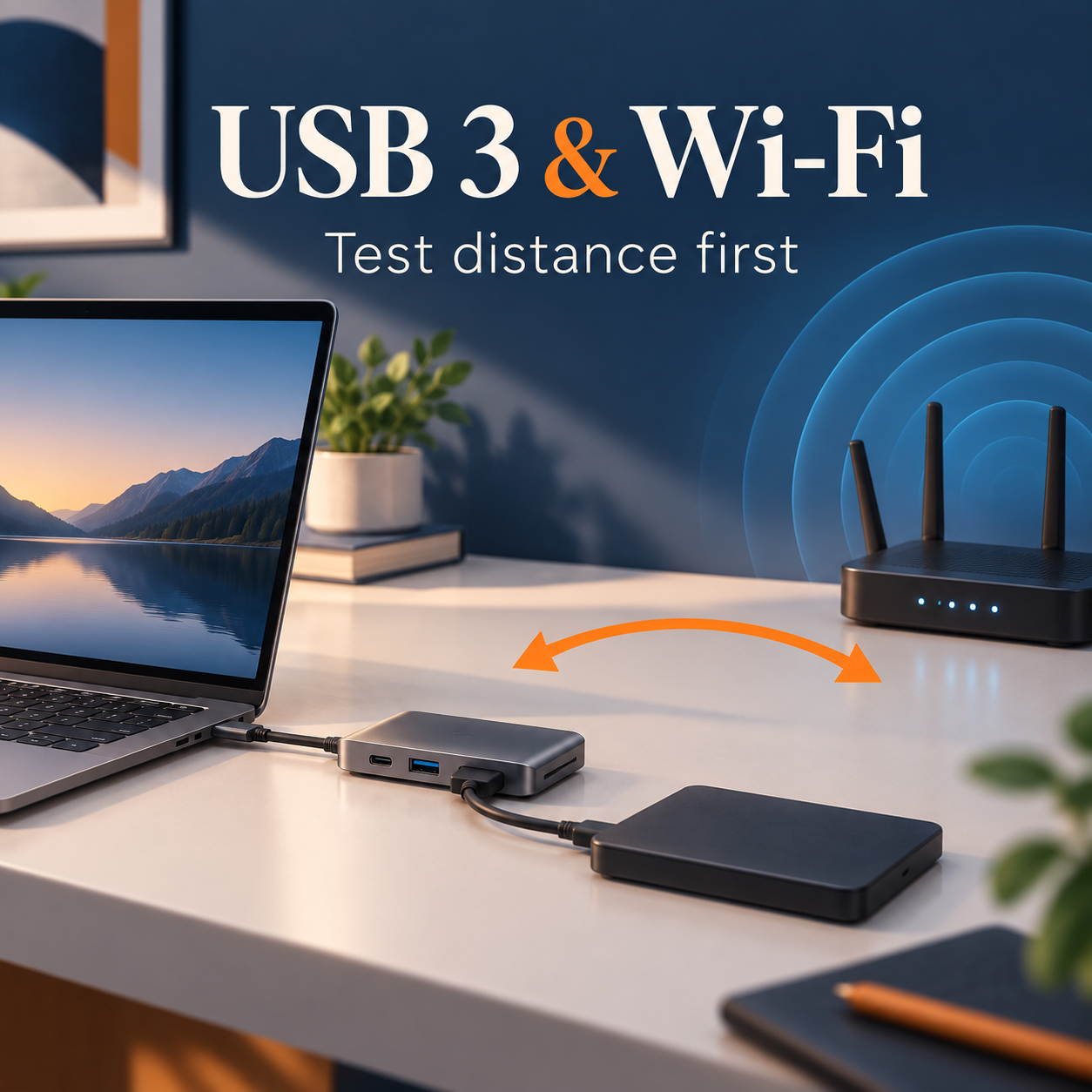 Conceptual desk illustration of a laptop, USB hub, external drive, and Wi-Fi router